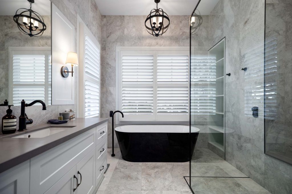 Modern Marbled Bathroom | Featured image for "Bathroom Window Coverings" | Blog