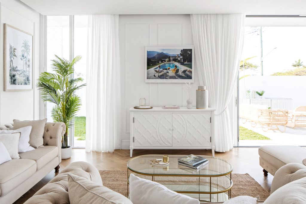 White curtains in a bright living room